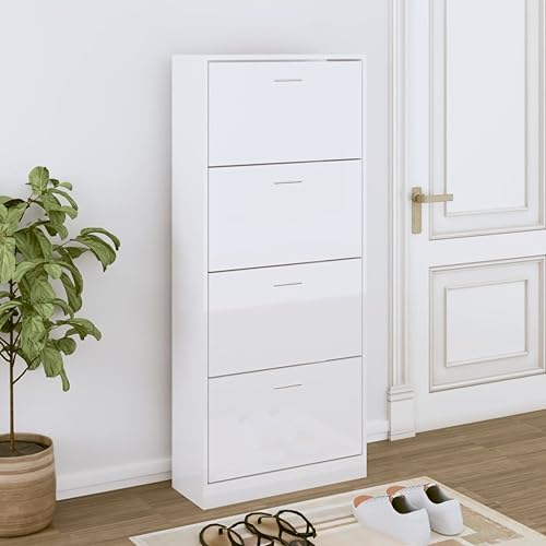 LAPOOH Schuhschrank Hochglanz-Weiß 63x24x147 cm Holzwerkstoff, Schuhorganizer, Flurgarderobe, Shoe Cabinet, Schuh Schrank, Flurschrank, Schuhkipper, Schuhaufbewahrung - 342546