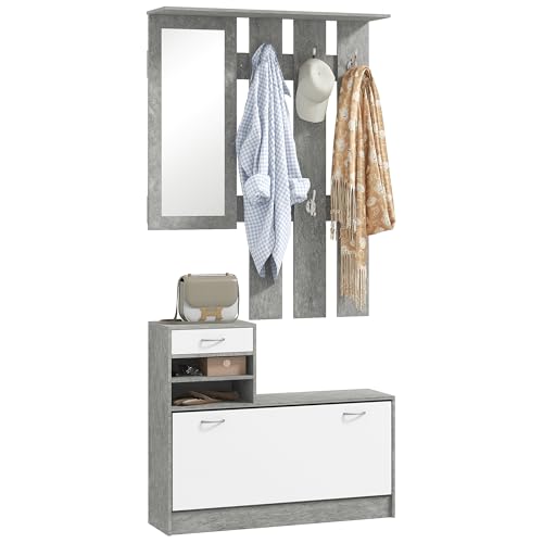 HOMCOM Modernes Eingangsmöbel-Set mit Schuhschrank und Spiegel, Eingangsbügel mit 6 Haken, 2 verstellbaren Einlegeböden und Holzschubladen für Korridore, 90x24x177 cm, Weiß und Hellgrau