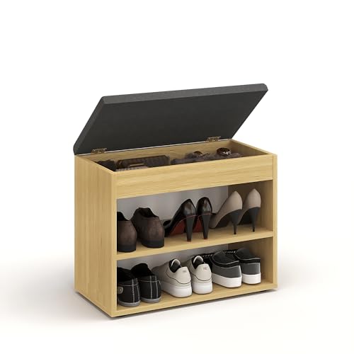 KOMTO Schuhbank mit Sitzfläche - Schuhregal Bank mit Stauraum Buche 60 x 48 x 32 cm Kleiner Schuhschrank mit Sitzbank Flur Bank Garderobenbank Sofia