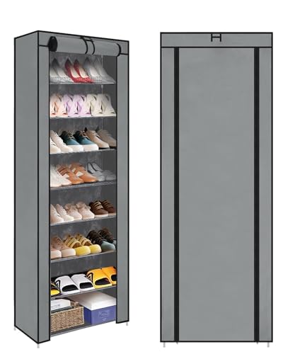 BALLSHOP Schuhschrank 58x28x158cm Schuhregal mit 10 Ebenen Shoe Rack Schuhaufbewahrung mit Staubdichtem Überzug für High Heels Sportschuhe (Grau)