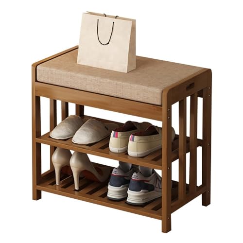 Moderner rustikaler Bambus-Schuhschrank mit weichem Kissen, Sitzbank, Eingangsbereich, Flur, Badezimmer, Wohnzimmer, Organizer (50/58/70/80/90 cm)