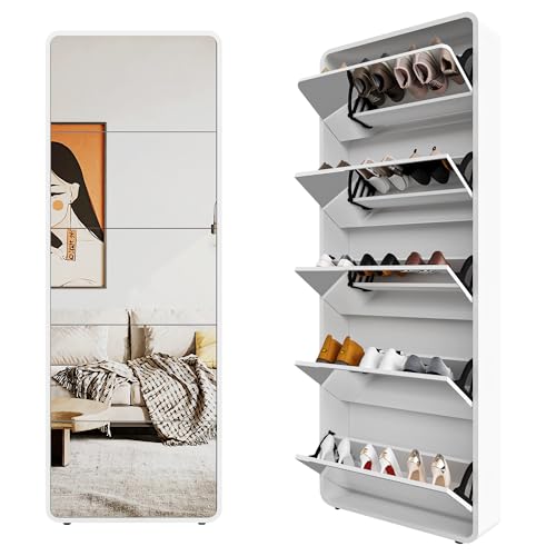 Organizedlife Spiegel-Schuhschrank mit 5 Flip-Schubladentüren, freistehender Schuhregal, schmaler Schuh-Organizer-Schrank für den Eingangsbereich