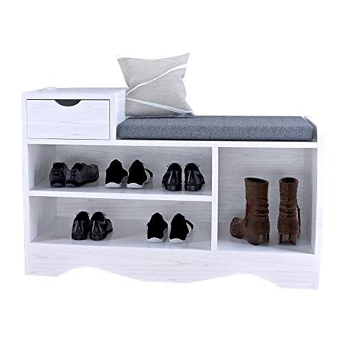 Schuhbank mit Sitzkissen Schuhregal mit Schublade Sitzbank Flur Schuhablage Schuhkommode Lowboard Garderobe Möbel Rack Kissen Polster Flurschrank-Organizer für Eingangsflur und Wohnzimmer (Weiß)