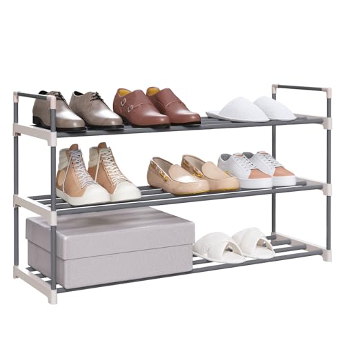 WOLTU Schuhregal 3 Schicht für 12-15 Paar Schuhe, Schuhständer Schuhablage für Flur, Wohnzimmer, Schlafzimmer Beige+Grau, 92 x 30 x 54 cm SR0006