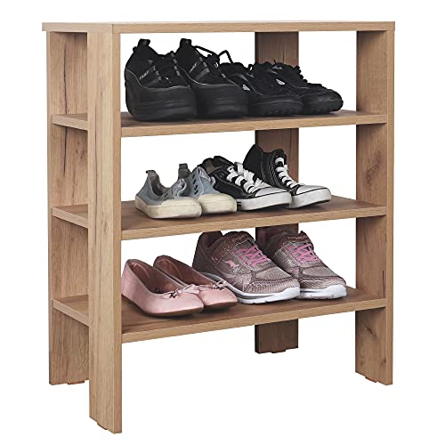 RICOO Schuhregal schmal und hoch 70x60x32cm Standregal Pressholz Eiche Braun WM039-EG, Schuhständer mit 3 Ebenen, Schuhschrank offen, Schuhablagen Flur Shoe Rack, Schuhablage klein, Schuhregale