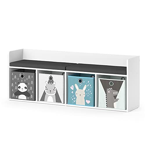 Vicco Sitzbank Kinderzimmerbank Kinderregal Luigi Weiß 142x53 cm modern Faltbox Kinderzimmer Regal Aufbewahrungsregal Bücherregal Lesebank Spielzeugaufbewahrung Organizer Regal-Bank-Kombi 4 Fächer