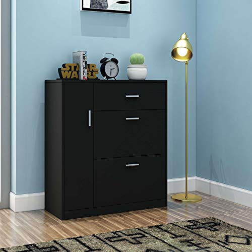 Schuhschrank Schuhkipper Shoe Cabinet Schuhkommode Holz schmal hoch mit 2 Fächern 1 Tür 1 Schublade Freistehend für 20 Paar Schuhe Flur (Schwarz)