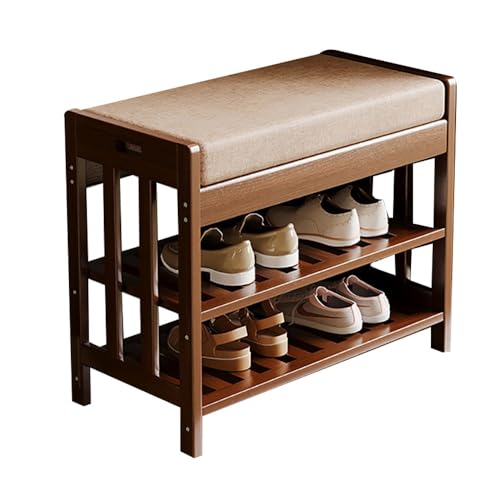 BEARQUN Schuhregal Holz, Schuhregal aus Bambus, Schuhschrank mit Sitzbank, bis 80 kg belastbar, Gepolsterte Sitzbank, für Flur, Wohnzimmer : 50/60/70/80/90CMx27CMx44CM, Platzsparend