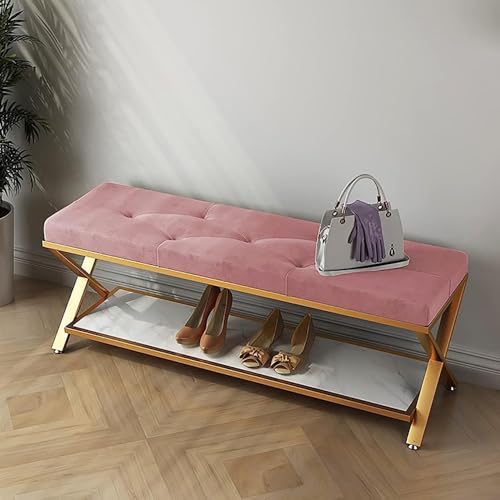 CATANK Bequeme Knopf-Samt-Eingangsbank, Premium-gepolsterte Schuhbank, Schuh-E-Organizer, Moderne dekorative Sitzbank für Wohnzimmer und Flur, Rosa, 120 x 35 x 45 cm (47 x 14 x 18 Zoll)