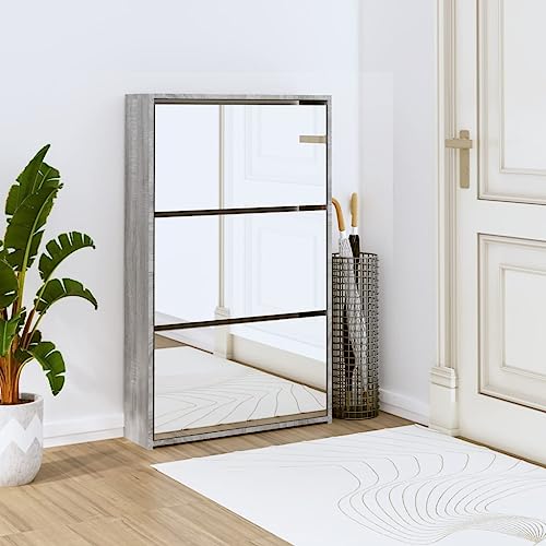 LAPOOH Schuhschrank mit Spiegel 3 Fächer Grau Sonoma 63x17x102,5 cm, Schuhorganizer, Flurgarderobe, Shoe Cabinet, Schuh Schrank, Flurschrank, Schuhkipper, Schuhaufbewahrung - 342639