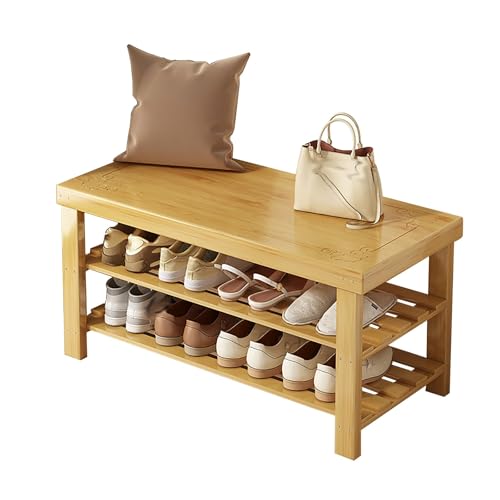 3 Ebenen Flur Schuhbank Schuhregal mit Sitzfläche Geschnitzter Hocker Sitz aus Bambus 150 Kg Schuhständer mit 3 Ablagen, Stabil Standregal Bad Sitzbank Schuhschrank(Color:Wood,Size:81X27X45CM)