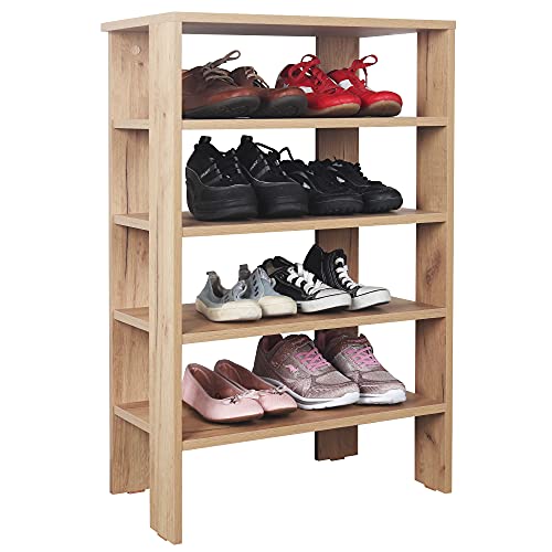 RICOO Schuhregal schmal und hoch 88x60x32cm Standregal Pressholz Eiche Braun WM040-EG, Schuhständer mit 4 Ebenen, Schuhschrank offen, Schuhablagen Flur Shoe Rack, Schuhablage klein, Schuhregale