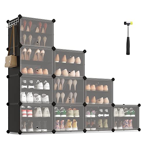 SONGMICS Schuhregal mit 10 Fächern, Schuhschrank, 30 x 40 x 30 cm pro Fach, schmal, mit Türen, Stahlrahmen, Kunststoff, für Flur, Schlafzimmer, Eingangsbereich, schwarz LPC035B01