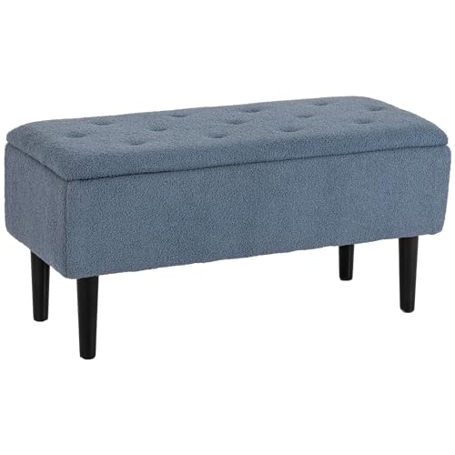 HOMCOM Sitzbank mit Stauraum, Bettbank, Polsterbank mit Klappdeckel, Samtoptik, Truhenbank, für Wohnzimmer, Schlafzimmer, Blau, 95 x 38 x 45 cm