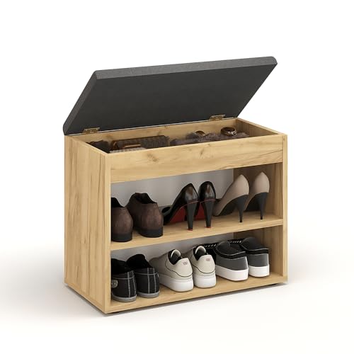 KOMTO Schuhbank mit Sitzfläche - Schuhregal Bank mit Stauraum Honig Eiche 60 x 48 x 32 cm Kleiner Schuhschrank mit Sitzbank Flur Bank Garderobenbank Sofia