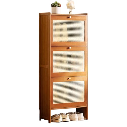 Rattan-Schrank Schuhkipper mit 3 Klappen Schuhschrank, Schmal Schuhregal Schmaler Schuhregal-Organizer Freistehender aus Holz für Eingangsbereich, Flur, Schlafzimmer(Color:A,Size:50X22.5X120CM)