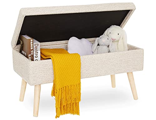 Suhu Sitzbank Gepolsterte mit stauraum groß, aufbewahrungsbox mit Deckel betthocker Pouf hocker, schuhbank truhenbank fußbank aus Leinen mit holzbeine, für Flur Schlafzimmer Wohnzimmer 80cm Beige