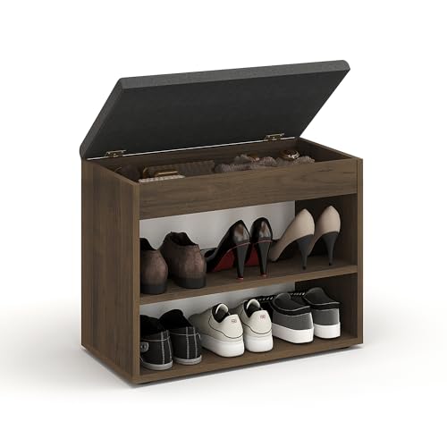 KOMTO Schuhbank mit Sitzfläche - Schuhregal Bank mit Stauraum Nussbaum 60 x 48 x 32 cm Kleiner Schuhschrank mit Sitzbank Flur Bank Garderobenbank Sofia