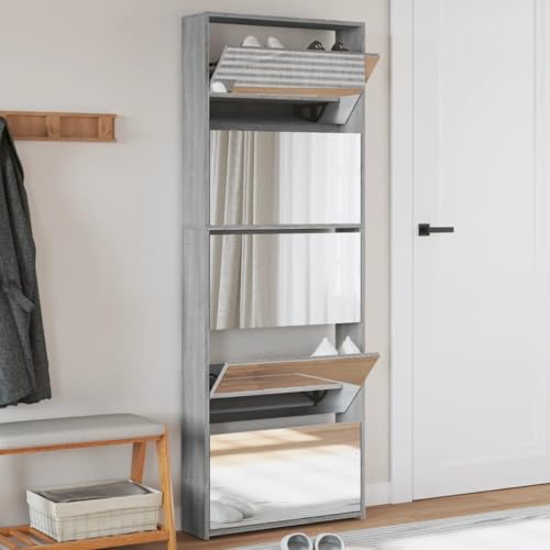 Somanki Schuhschrank mit Spiegel 5 Fächer Grau Sonoma 63x17x169,5 cm, Schuhorganizer, Flurgarderobe, Shoe Cabinet, Schuh Schrank, Flurschrank, Schuhkipper, Schuhaufbewahrung - 3228284