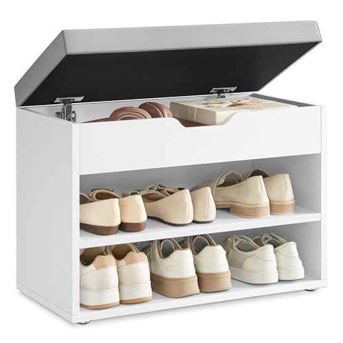 VASAGLE Schuhbank, Sitzbank, Schuhregal mit gepolstertem Kissen, Schuhorganizer mit 3 Ebenen, 30 x 60 x 44 cm, für Flur, Wohnzimmer und Schlafzimmer, wolkenweiß LHS020W01