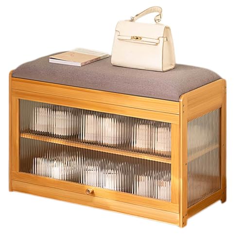 DECORN Schuhbank aus Bambus, 3-stufiger Schuhbankschrank mit Kissen, Staubabweisenden Acryltüren, Schuh-Organizer-Aufbewahrungsregal für Eingangsbereich, Flur, Wohnzimmer,Wood Color-27.6  L