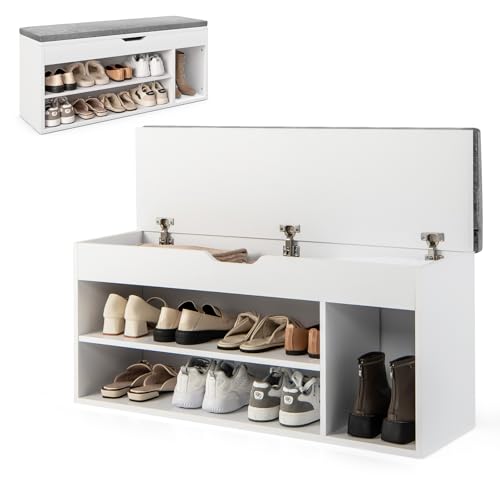 HOMASIS Schuhbank mit Stauraum & Abnehmbarer Sitzfläche, Sitzbank aus Holz & Schaumstoff, Schuhregal mit 3 Ablagen in 2 Größen, Schuhschrank für Flur, Wohnzimmer, Garderobe, 104 x 30 x 48 cm (Grau)