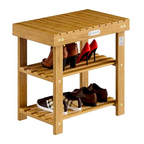 Casaria® Schuhregal mit Sitzfläche Holz Massiv 160kg Belastbarkeit FSC®-Zertifiziert Akazie 3 Ebenen Flur Bad Schuhbank Sitzbank Schuhschrank Braun